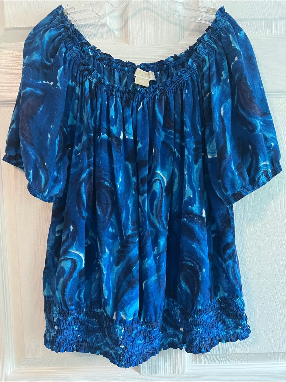 MICHAEL Michael Kors Blue Smocked-Neck Short-Sleeve Cotton Peasant Blouse